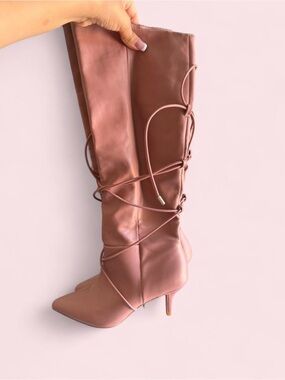 Boots Over-the-Knee Lace-Up Pointed-Toe Boots - Rose Brown-NWOT